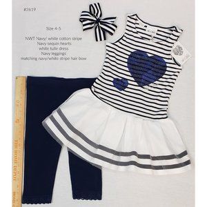NWT Navy Stripe Sequin Heart Dress with leggings and matching Bow